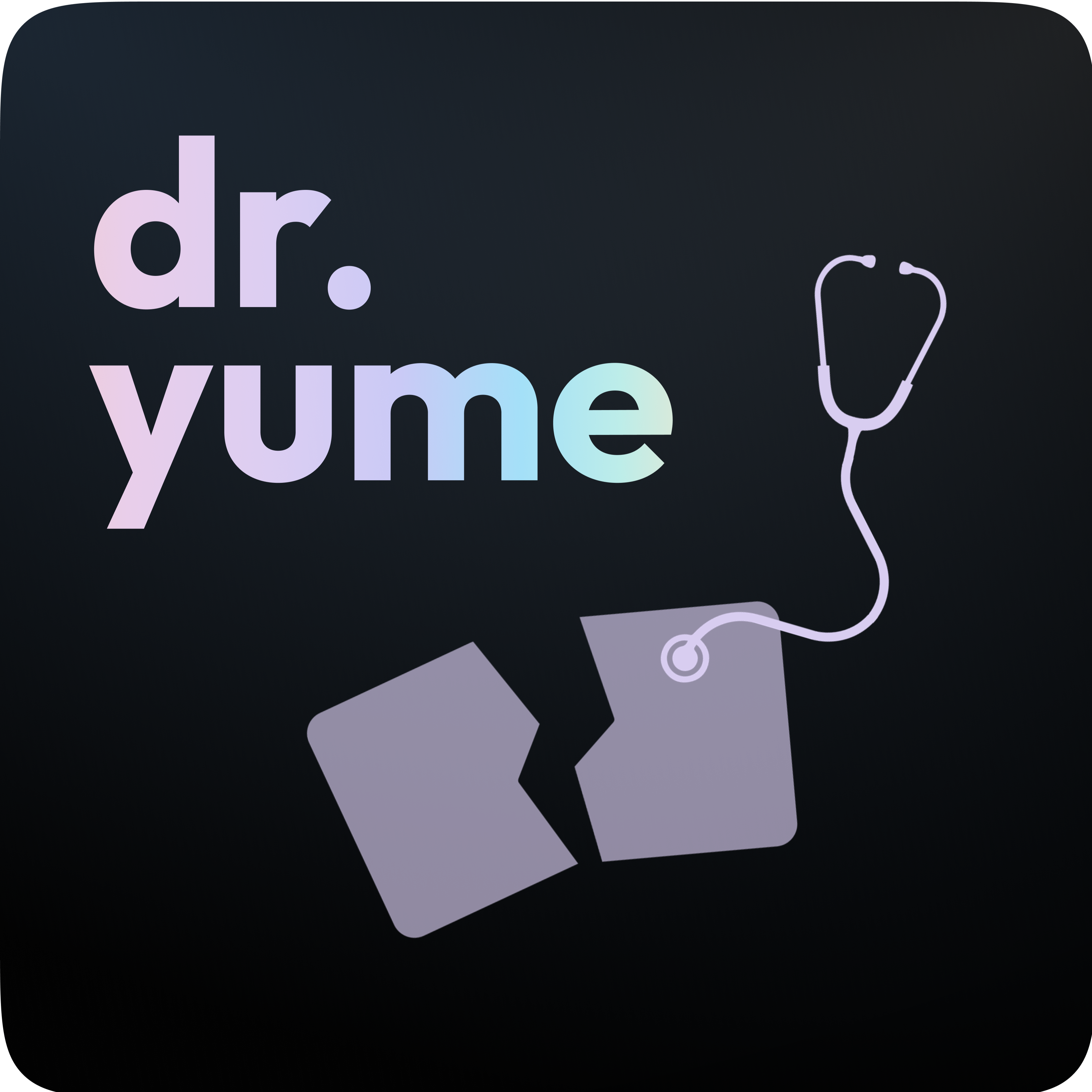 "Logo von dr. yume auf dunklem Hintergrund, featuring der Schriftzug 'dr. yume' in pastellfarbener Schrift mit einem Stethoskop, das sich um eine grafische Darstellung einer zerbrochenen Karte windet, symbolisch für medizinische Notfälle oder Gesundheitsdienste."